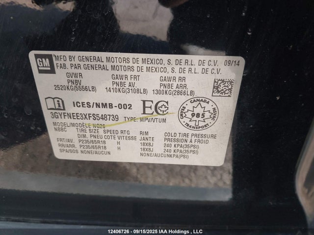 Cadillac lfx - sidi, vvt, e85 max, alum 2015 3GYFNEE3XFS548739 Image 9