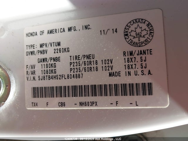 Acura j35z2 2015 5J8TB4H52FL804887 Image 9