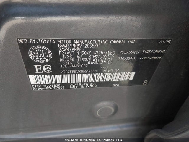 2T3ZFREVXGW250804 Toyota 2ar-fe