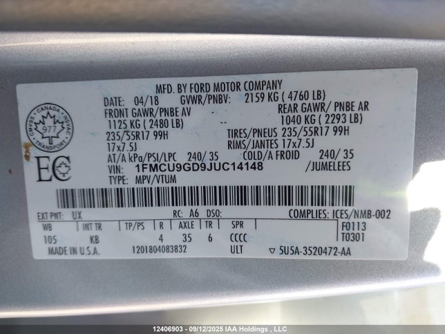 1FMCU9GD9JUC14148 Ford 1.5l gtdi sigma w/premium fuel
