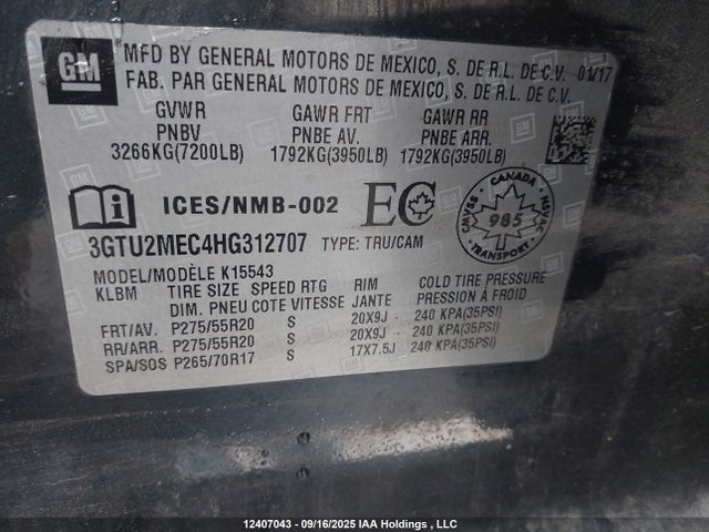 3GTU2MEC4HG312707 GMC l83 -spark ignited direct injection, variable valve timing, afm, e85 max, alum