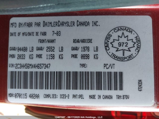 Auction sale of the 2004 Chrysler Intrepid Es/sxt, vin: 2C3HH56MX4H657347, lot number: 12407057
