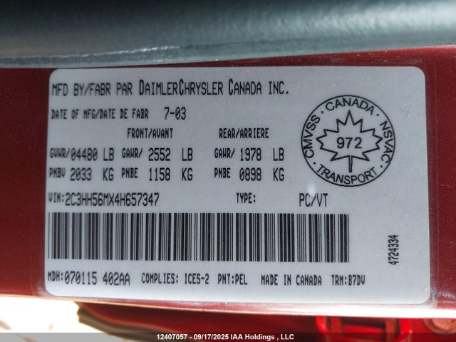 Auction sale of the 2004 Chrysler Intrepid Es/sxt, vin: 2C3HH56MX4H657347, lot number: 12407057