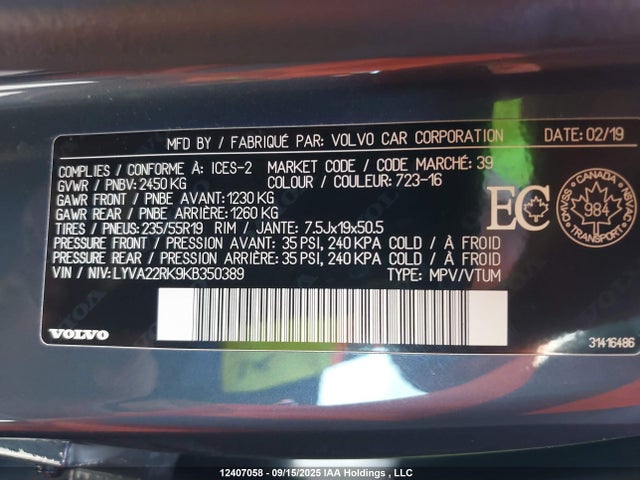LYVA22RK9KB350389 Volvo Xc60 T6 T6