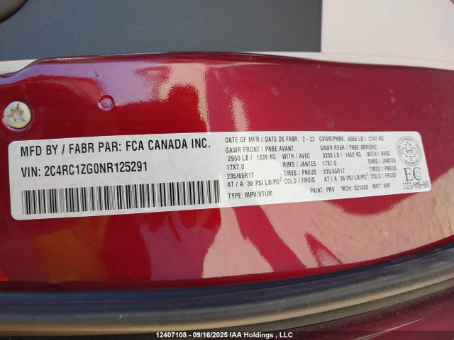 2C4RC1ZG0NR125291 Chrysler grand caravan