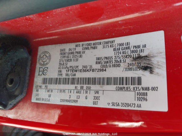 12407117 :رقم المزاد ، 1FTEW1E56KFB72984 vin ، 2019 Ford F150 Supercrew مزاد بيع