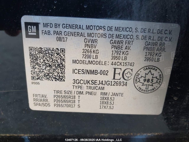 3GCUKSEJ4JG126934 Chevrolet l86 - sidi: spark ignited direct injection, vvt: variable valve timing, afm, e85 max, alum