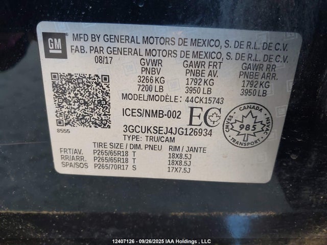 3GCUKSEJ4JG126934 Chevrolet l86 - sidi: spark ignited direct injection, vvt: variable valve timing, afm, e85 max, alum