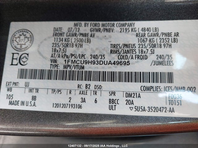 2013 Ford Escape მანქანა იყიდება აუქციონზე, vin: 1FMCU9H93DUA49695, აუქციონის ნომერი: 12407132