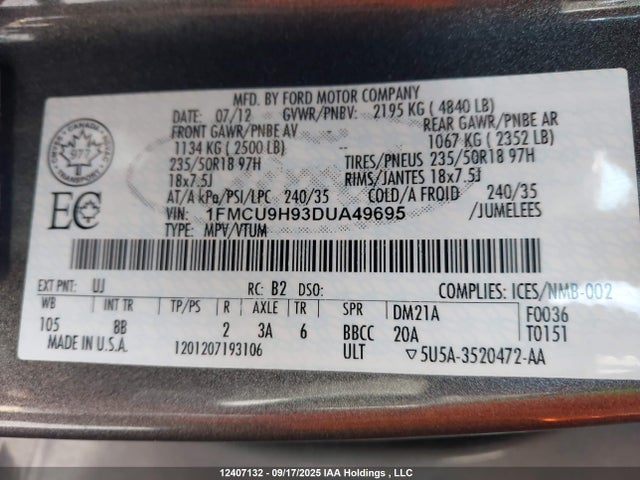 2013 Ford Escape მანქანა იყიდება აუქციონზე, vin: 1FMCU9H93DUA49695, აუქციონის ნომერი: 12407132