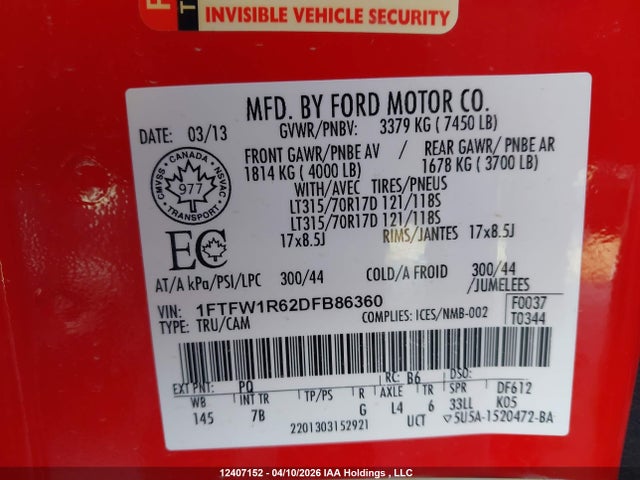Продаж на аукціоні авто 2013 Ford F150 Svt Raptor, vin: 1FTFW1R62DFB86360, номер лоту: 12407152