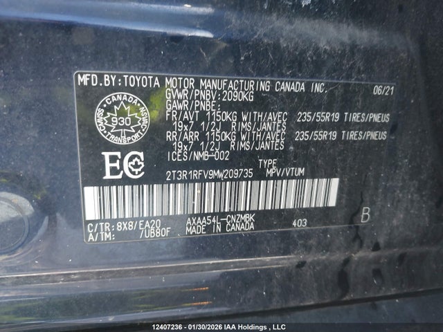 Aukcja sprzedaży 2021 Toyota Rav4 Xle/xle Premium, vin: 2T3R1RFV9MW209735, numer aukcji: 12407236