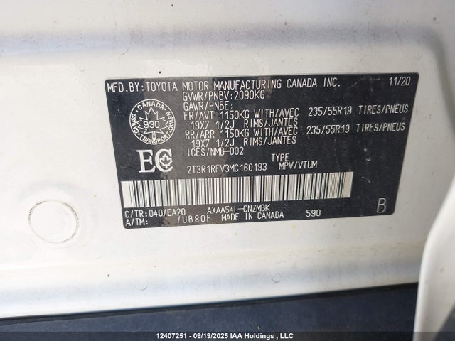 Aukcja sprzedaży 2021 Toyota Rav4 Xle, vin: 2T3R1RFV3MC160193, numer aukcji: 12407251