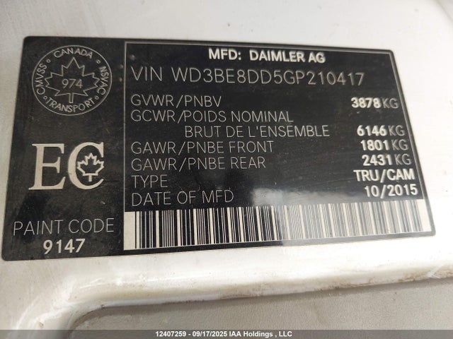 Продажа на аукционе авто 2016 Mercedes-benz Sprinter 2500 High Roof, vin: WD3BE8DD5GP210417, номер лота: 12407259