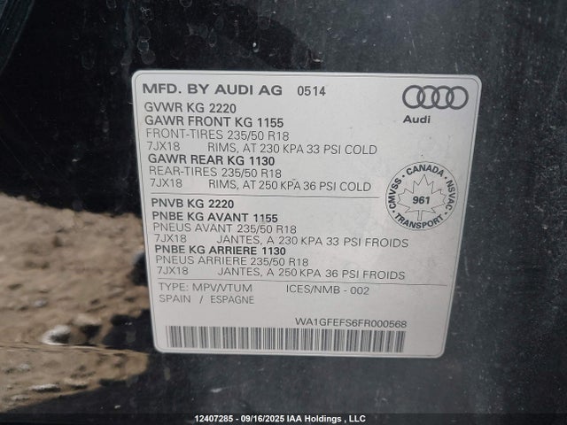 WA1GFEFS6FR000568 Audi 2.0t
