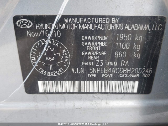 12407312 :رقم المزاد ، 5NPEB4AC6BH205246 vin ، 2011 Hyundai Sonata Gl مزاد بيع