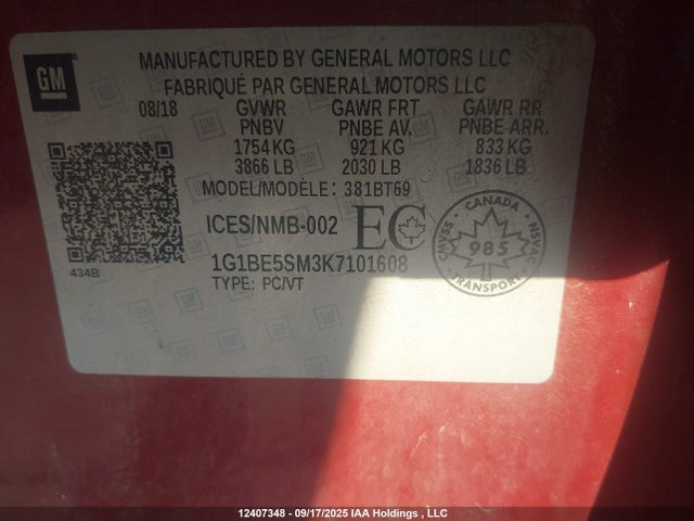 1G1BE5SM3K7101608 Chevrolet le2 -di: direct injection, vvt: variable valve timing, gen, alum