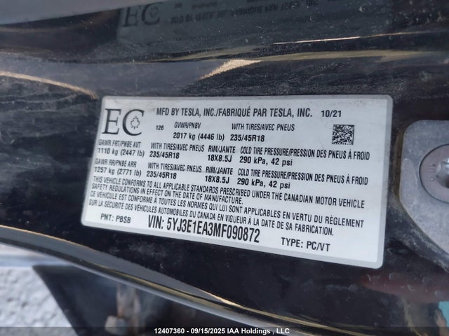 Tesla MODEL 3 2021 5YJ3E1EA3MF090872 Image 18