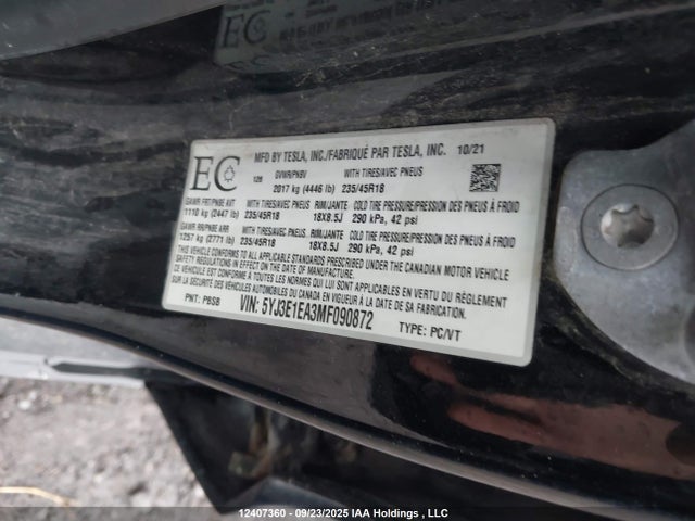 Tesla MODEL 3 2021 5YJ3E1EA3MF090872 Image 9