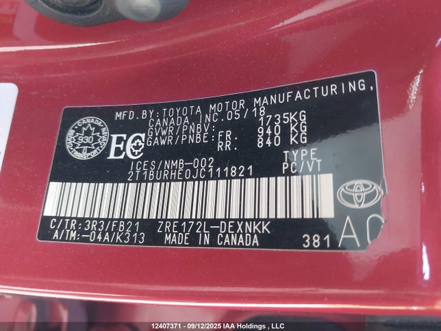 2T1BURHE0JC111821 Toyota 2zr-fe