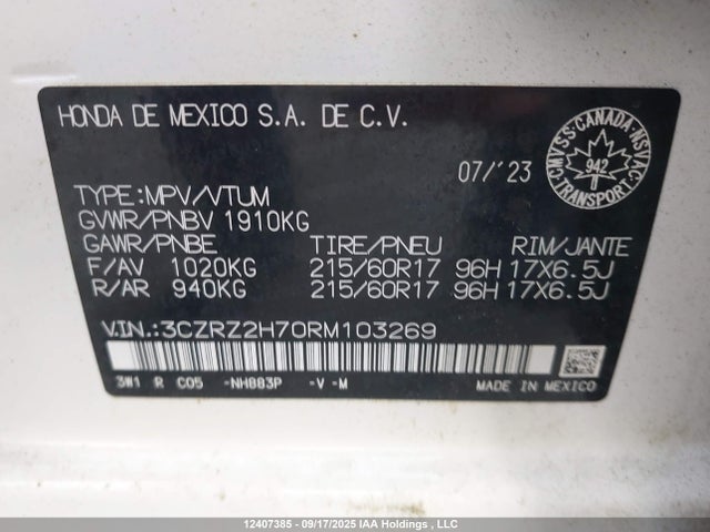 3CZRZ2H70RM103269 Honda k20z5