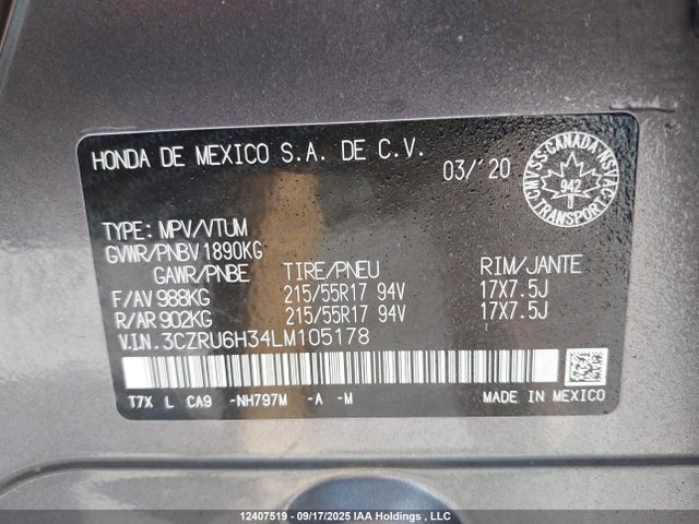 3CZRU6H34LM105178 Honda r18z9