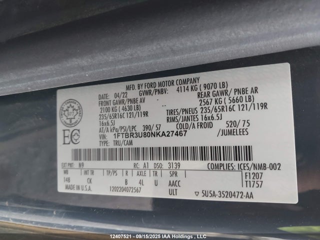1FTBR3U80NKA27467 Ford 3.5l v6 cyclone