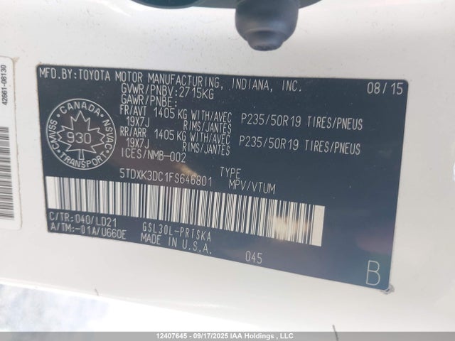 Toyota 2gr-fks 2015 5TDXK3DC1FS646801 Image 9