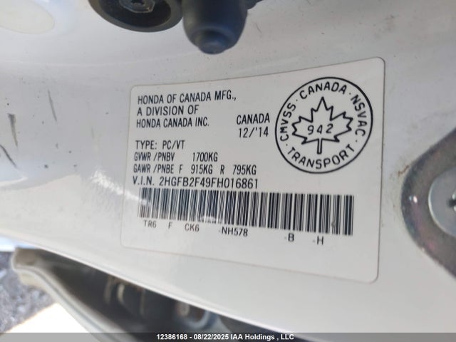 Honda r18z1 2015 2HGFB2F49FH016861 Image 9