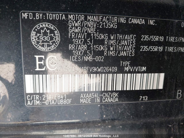 Продаж на аукціоні авто 2019 Toyota Rav4 Trail, vin: 2T3J1RFV9KW026409, номер лоту: 12407694