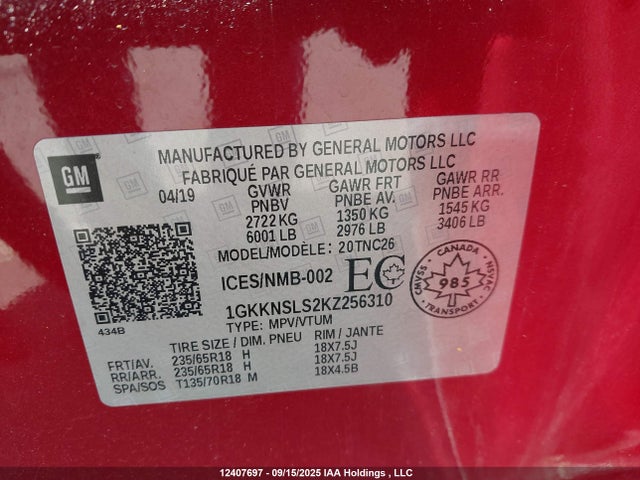 GMC lgx - direct injection, variable valve timing, alum, gen 2 2019 1GKKNSLS2KZ256310 Image 9