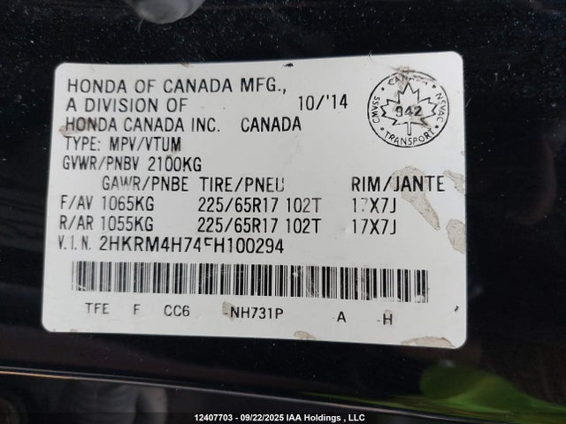 Honda k24w9 2015 2HKRM4H74FH100294 Image 9