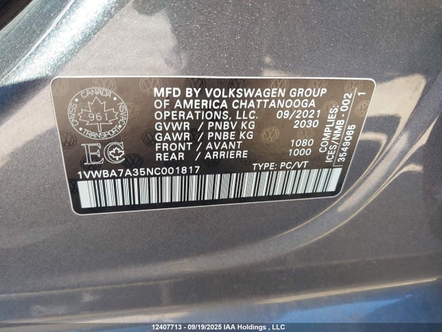 Продаж на аукціоні авто 2022 Volkswagen Passat Limited Edition, vin: 1VWBA7A35NC001817, номер лоту: 12407713