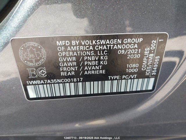 Продаж на аукціоні авто 2022 Volkswagen Passat Limited Edition, vin: 1VWBA7A35NC001817, номер лоту: 12407713