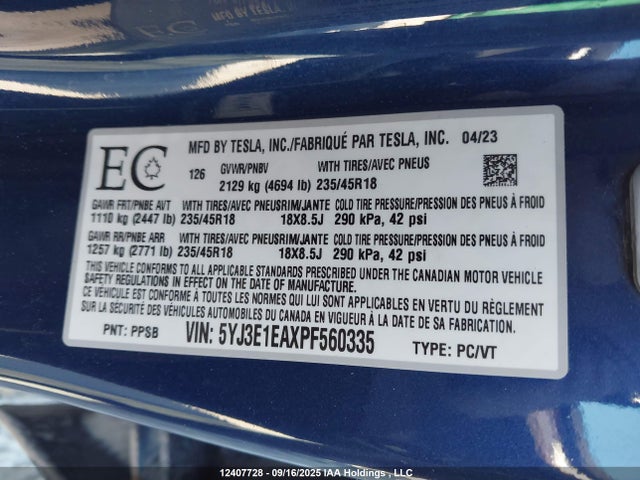 5YJ3E1EAXPF560335 Tesla MODEL 3