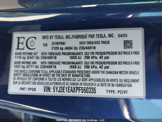5YJ3E1EAXPF560335 Tesla MODEL 3