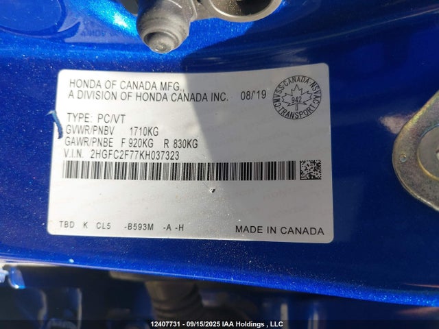 Aukcja sprzedaży 2019 Honda Civic Ex, vin: 2HGFC2F77KH037323, numer aukcji: 12407731