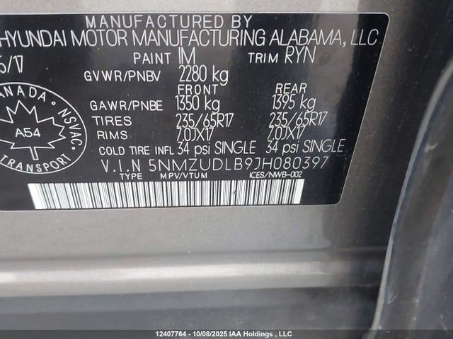 5NMZUDLB9JH080397 Hyundai gdi theta ii