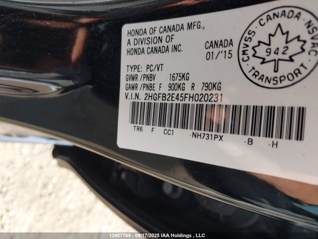 Honda r18z1 2015 2HGFB2E45FH020231 Image 9