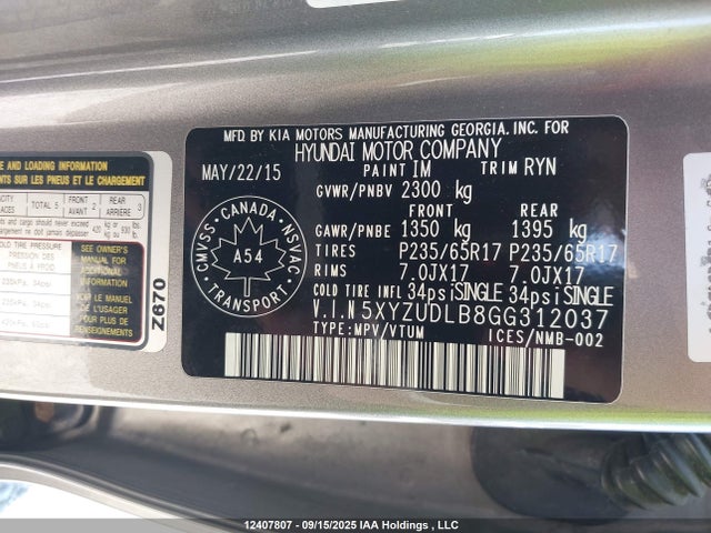 5XYZUDLB8GG312037 Hyundai gdi theta ii