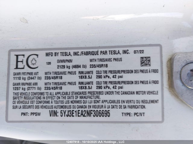 Tesla Model 3 Rwd/standard Range 2022 5YJ3E1EA2NF306695 Image 9