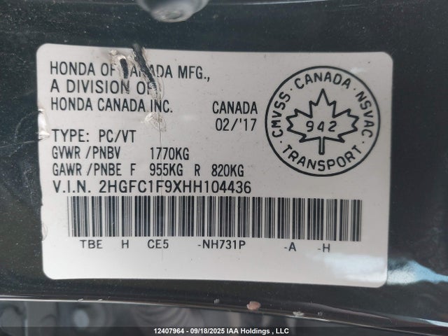 2HGFC1F9XHH104436 Honda l15b7