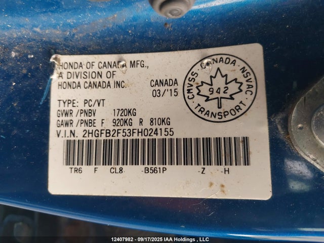 Honda r18z1 2015 2HGFB2F53FH024155 Image 9