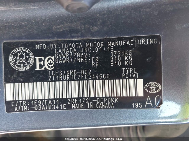 2T1BURHE7FC344666 Toyota 2zr-fe
