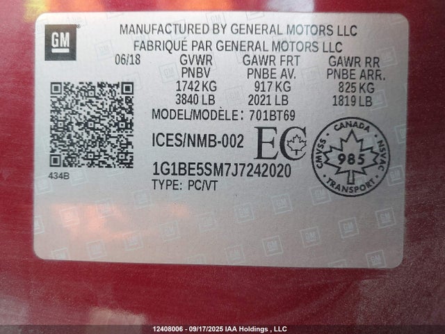 1G1BE5SM7J7242020 Chevrolet le2 -di: direct injection, vvt: variable valve timing, gen, alum