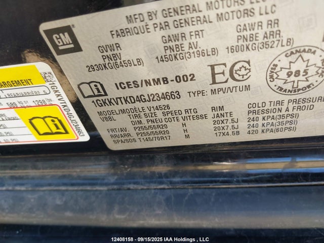 1GKKVTKD4GJ234663 GMC llt - sidi, alum, 60 degrees