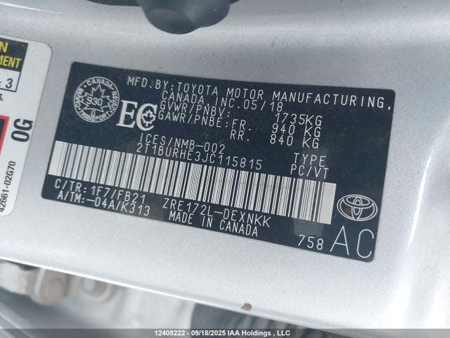 2T1BURHE3JC115815 Toyota 2zr-fe