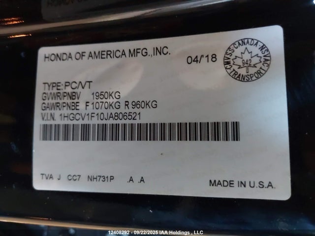 1HGCV1F10JA806521 Honda l15be