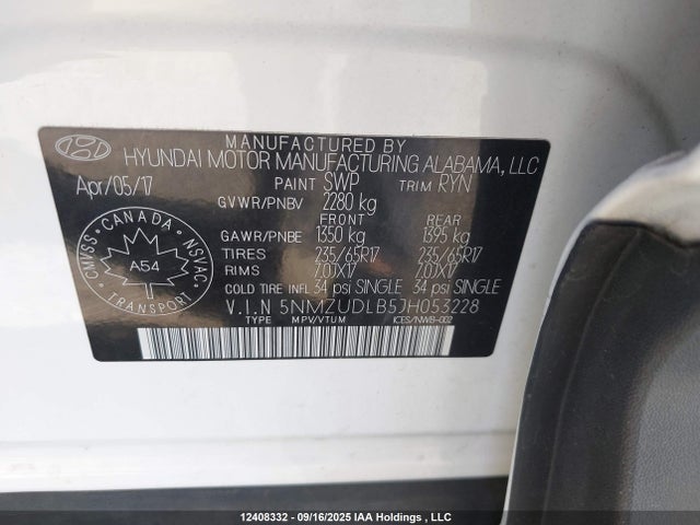 5NMZUDLB5JH053228 Hyundai gdi theta ii