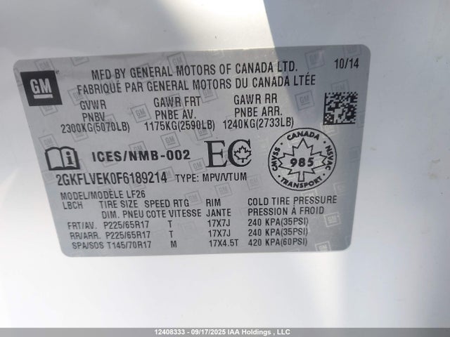 2GKFLVEK0F6189214 GMC lea - flex fuel (gas/alc), aluminum, ho,